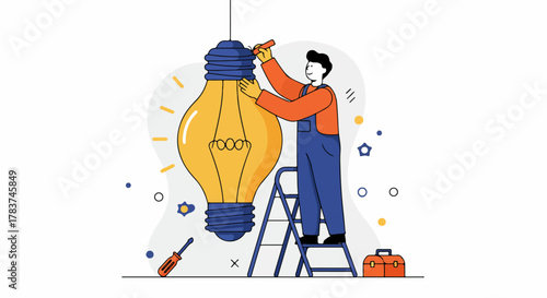 Professional worker repairing or installing a huge light bulb on a ladder, conceptualizing innovation and electrical service.