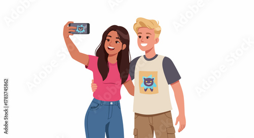 Happy young diverse couple taking a joint selfie using a mobile phone, vector illustration isolated on white.