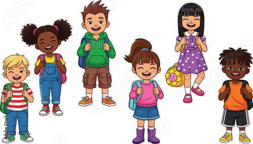 Diverse children cartoon, school kids with backpacks, smiling students illustration, back to school vector, educational character set, isolated on white background