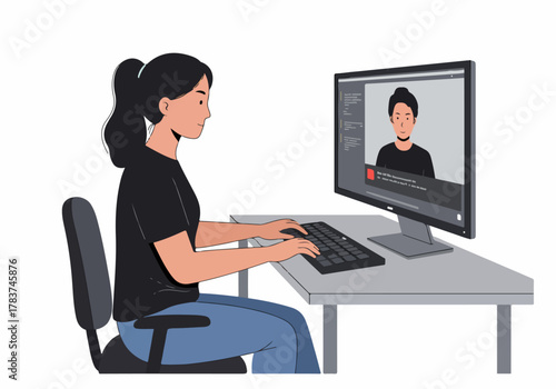 Young woman engaging in a video conference call or webinar, typing on a keyboard at her desktop computer setup.