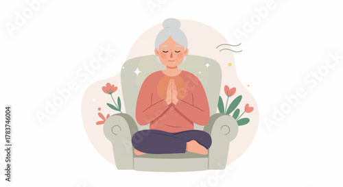 Serene elderly woman meditating in a comfy chair, embracing mindfulness and inner peace.