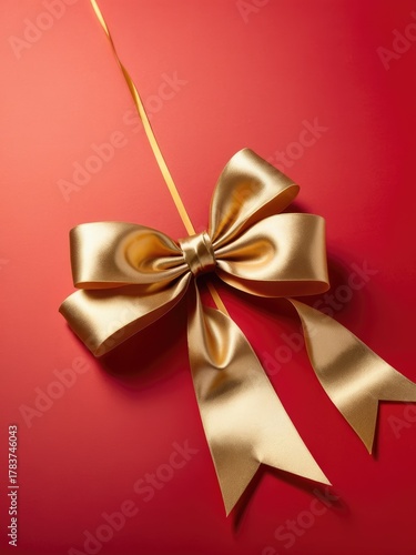 Golden ribbon bow centered on bright festive red background