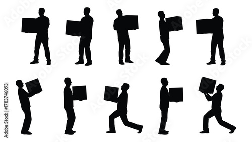 Men carrying boxes silhouettes isolated on white background, Vector