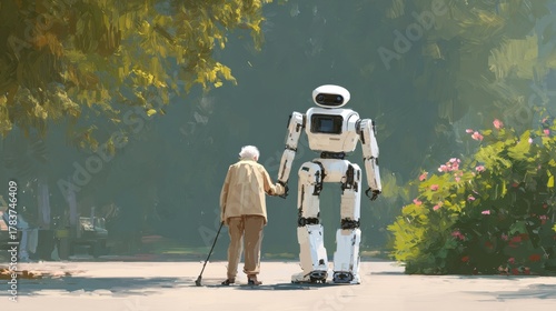 Elderly Woman Walking Hand in Hand with Friendly Humanoid Robot in Park on Sunny Day