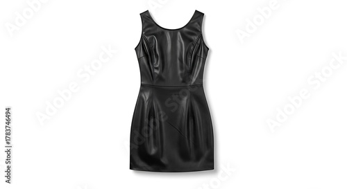 A black sleeveless mini dress made of shiny material isolated on a white background in studio lighting