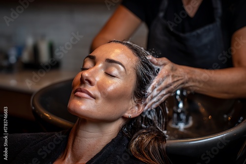 Woman relaxing getting hair washed at salon