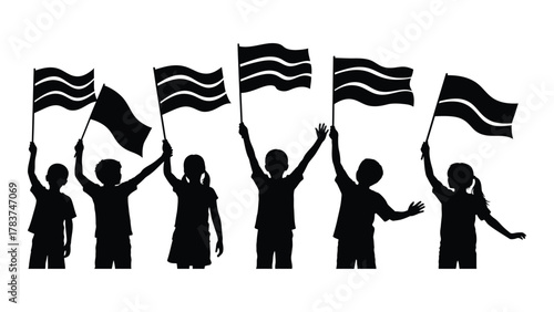 Children waving flags silhouettes isolated on white background, Vector