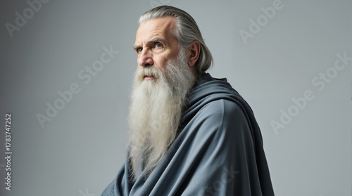 A studio portrait of a senior man with a long white beard and grey hair. Contemplative older person representing wisdom and experience.