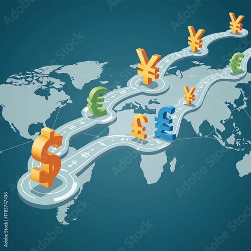 Global economic pathways connecting international currency symbols across a world map