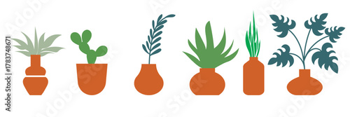Minimalist plant icons in terracotta pots. Flat vector illustration of various indoor plants in terracotta-colored pots, perfect for modern botanical design, decoration, or eco-themed projects.

