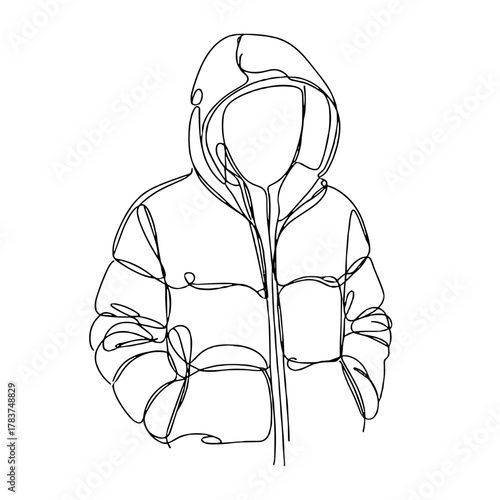 Down jacket with a hood Winter clothing and footwear Outline / Minimal Linear Vector