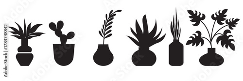 Minimalist plant icons in terracotta pots. Flat vector illustration of various indoor plants in terracotta-colored pots, perfect for modern botanical design, decoration, or eco-themed projects.

