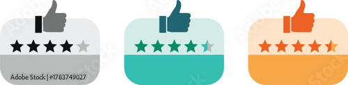 Thumbs-up rating cards, star review icons, feedback system illustration, approval level vector, satisfaction score design, colorful cartoon style, isolated on white background