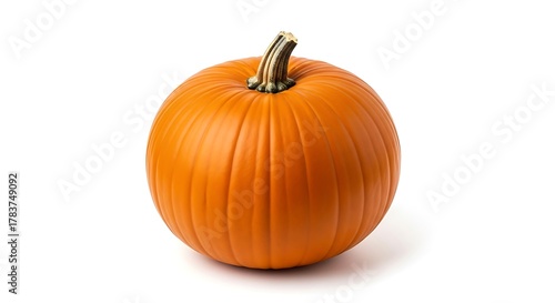 A single orange pumpkin with a stem sitting on a white surface in a studio setting close up view