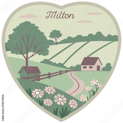 Milton Heart Illustration Featuring Farmhouse, Shed, Winding Path, and Flower Border