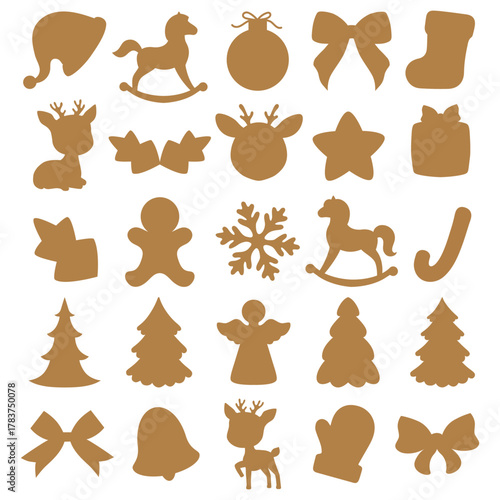 Christmas silhouette. Holiday templates for cutter craft machine. New year decoration. Cut shape for stencil isolated on white background. Flat cute vector illustration. Gingerbread cookie, horse, bow
