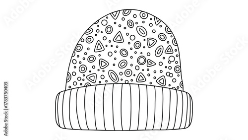 Winter Cap Illustration: This illustration captures a stylish winter cap featuring a unique design. The cap's crown showcases an intricate pattern of shapes. The brim features a striped design.