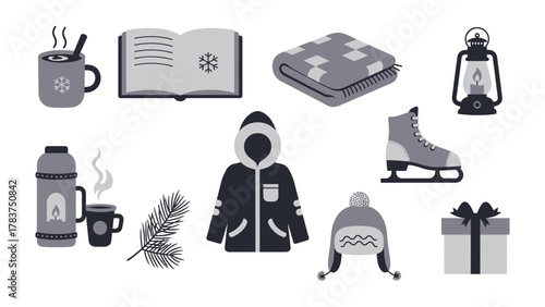 Winter Cozy Essentials: A collection of winter icons, including a warm drink, book, blanket, lamp, ice skate, jacket, hat, gift box, and other comforting objects perfect for the snowy season.
