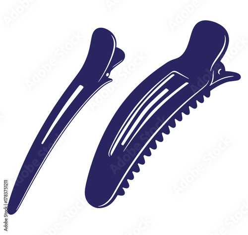Two navy blue hair clips isolated on a white background for hairstyling and beauty needs