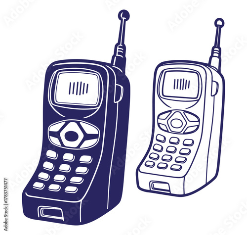 Two retro styled mobile phones in silhouette depicting early wireless communication technology