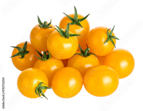 A cluster of yellow cherry tomatoes with attached green stems isolated on a black background in a pyramidal arrangement
