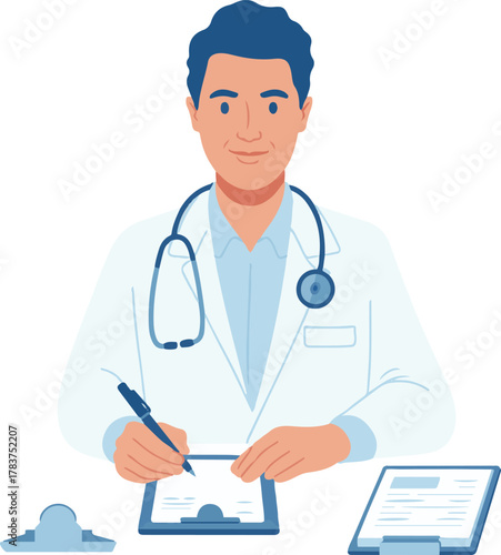 Male Doctor Character Writing Prescription Vector Illustration