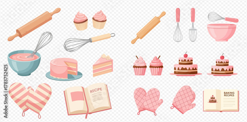 Collection of baking tools and delicious desserts including cakes, cupcakes, and a recipe book, all in a charming pink and pastel color palette.