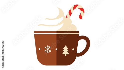 Holiday Cocoa Bliss: An inviting mug of cocoa, crowned with fluffy whipped cream and a festive candy cane, evokes the warmth and joy of the holiday season.