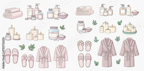 A comprehensive collection of spa and wellness items, including bathrobes, slippers, towels, lotions, candles, and bath salts, in a soft, pastel color palette.