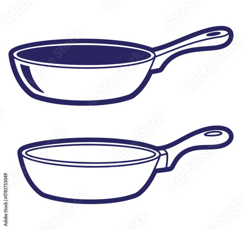 Vector illustration of two identical frying pans outlined in a dark blue color scheme