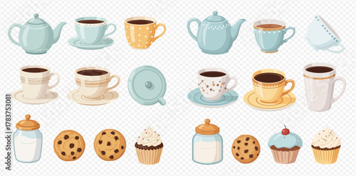 Collection of various tea and coffee cups, teapots, sugar bowls, cookies, and cupcakes on a transparent background.
