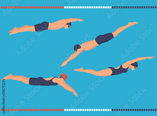 set of Swimmers in various strokes freestyle, breaststroke, butterfly and diving poses in blue pool lanes. Concept for competition, training, or water sports.