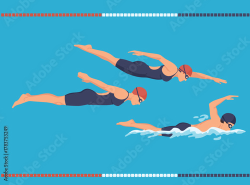 set of Swimmers in various strokes freestyle, breaststroke, butterfly and diving poses in blue pool lanes. Concept for competition, training, or water sports.