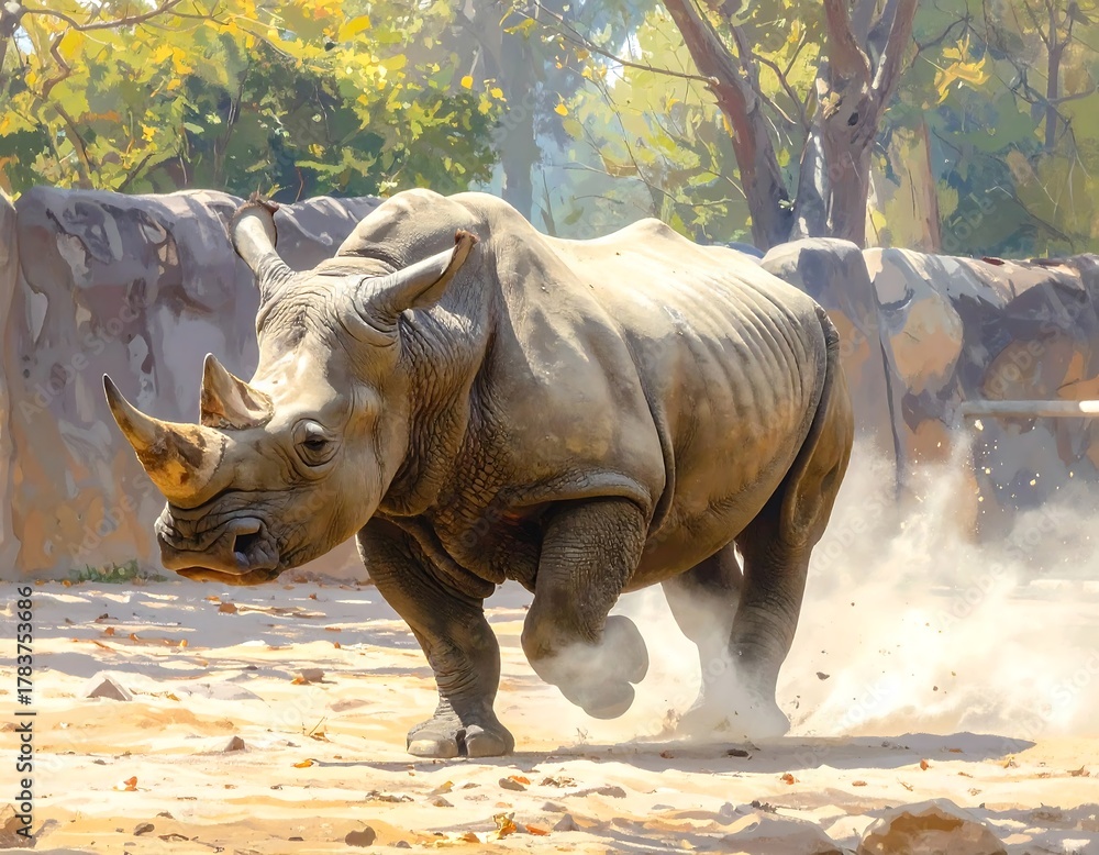 Fototapeta premium A large, grey rhinoceros charges forward in a sunny, outdoor environment, kicking up dust with its powerful strides. Behind it, foliage and rock