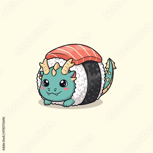 Cute kawaii dragon character designed as a Japanese sushi roll.
