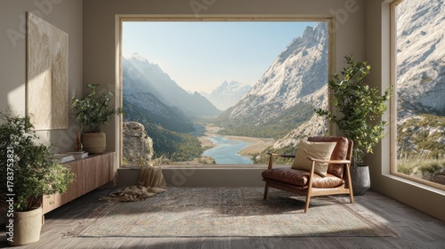 landscape window view with beautiful mountains and river view, beautiful rug with rich texture in modern simplicity style
