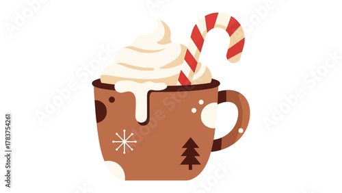 Festive Hot Chocolate Delight: A beautifully crafted illustration of a festive mug filled with warm hot chocolate, topped with whipped cream and a candy cane, evoking a sense of cozy holiday cheer.