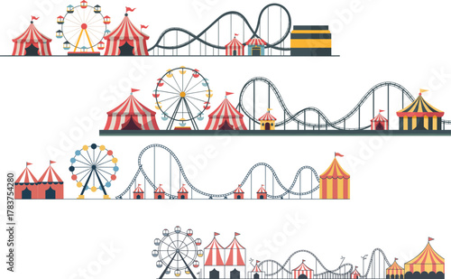 colorful amusement park illustration with circus tents ferris wheel roller coaster carnival rides festive fairground entertainment flat design vector scene