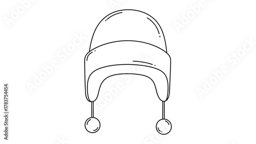 Winter Hat Illustration: A minimalistic line drawing presents a winter hat with ear flaps and playful pom-poms, embodying warmth and coziness.