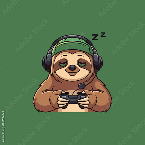 Sleepy sloth gamer wearing headphones playing video games with controller.