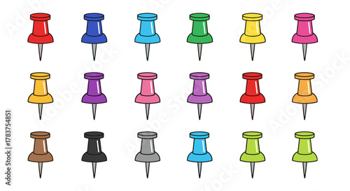Collection of colorful push pins, perfect for school and office use, featuring a simple, linear outline style with editable stroke. This vector cartoon illustration is suitable for websites, books