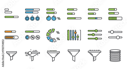 Set of progress bars, loading indicators, sliders, funnels, and data stack icons in a clean, modern outline style with vibrant colors, perfect for graphic design, web development, app interfaces, and