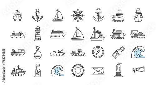 Collection of nautical and maritime line icons, featuring various ships, anchors, lighthouses, steering wheels, compasses, waves, and other sea-related symbols, perfect for graphic and web design