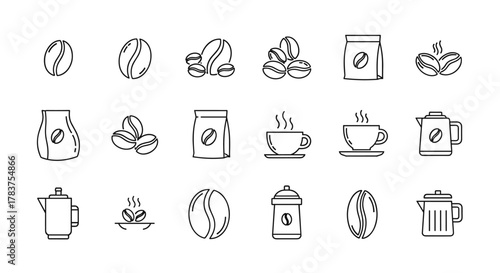 Set of 18 outline icons representing coffee beans, coffee bags, steaming cups, and coffee pots, perfect for graphic design, web, apps, and advertising, presented on a clean white background for