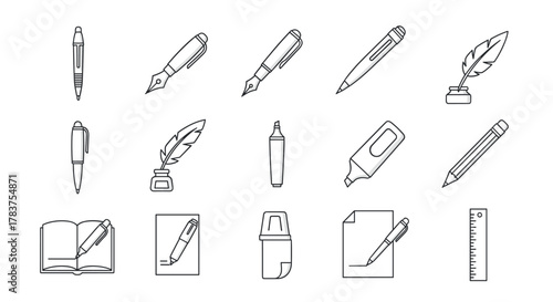 Collection of writing instruments and stationery icons, including fountain pens, ballpoint pens, feather quills with inkwells, markers, pencils, an open book, and a ruler, presented as a clean