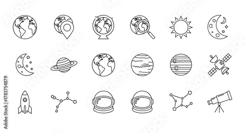 Set of Globe and Planet Related Line Icons: Outline Signs for Graphic and Web Design, Apps, Advertisements, Various Cards, Vector Cartoon Illustration with a Rocket, Sun, Moon, Jupiter, Satellite