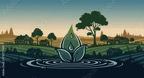 Vibrant illustration of a stylized water drop with leaves, symbolizing purity and growth, set against a serene rural landscape featuring farmhouses, rolling fields, and trees under a gradient sky