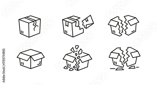 Set of six line art icons depicting broken cardboard boxes in various states of damage, symbolizing delivery issues, damaged goods, or shipping problems, presented on a clean white background for