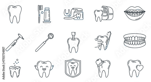 A comprehensive vector icon pack showcasing dental care and oral hygiene, featuring illustrations of healthy teeth, dental tools like drills and mirrors, braces, and common dental issues, perfect for