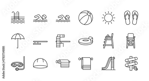 Swimming Pool Line Icon Pack: A minimalistic and clean collection of linear pictograms perfect for web, graphic design, apps, banners, social networks, and cards, featuring essential pool and summer